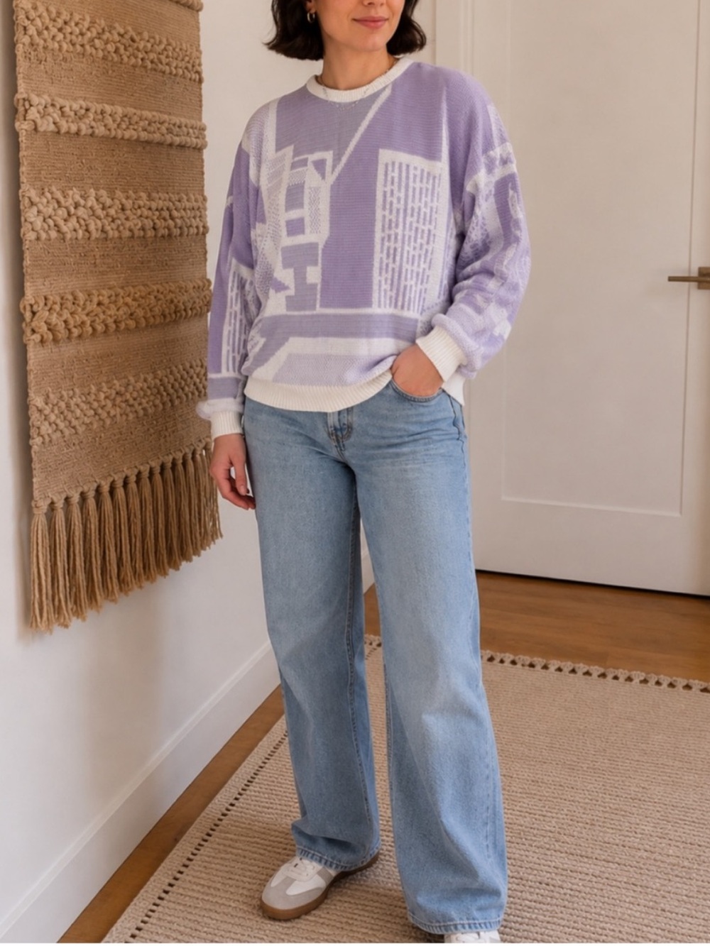 Vintage Purple & White Geometric Print Pull-over Sweater Size Medium